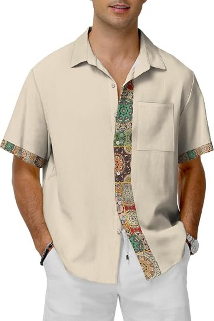 KYKU Men’s Beach Shirt Size S Beige Printed Short Sleeve Button Down